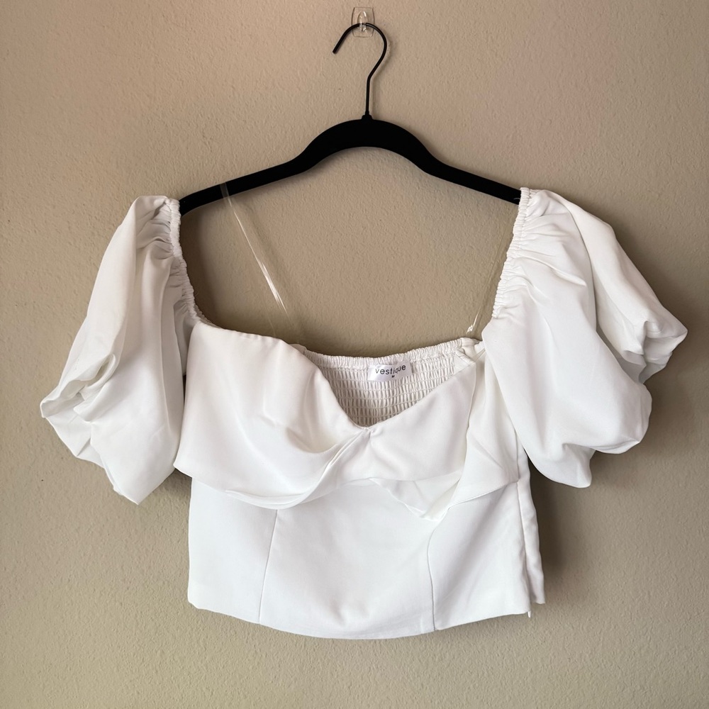 Vestique Off Shoulder White Peasant Blouse Crop Top Sweetheart Boho Bohemian